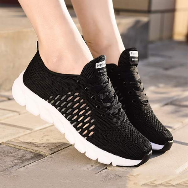 

Minimalist Lace-up Front Knit Sneakers, Black