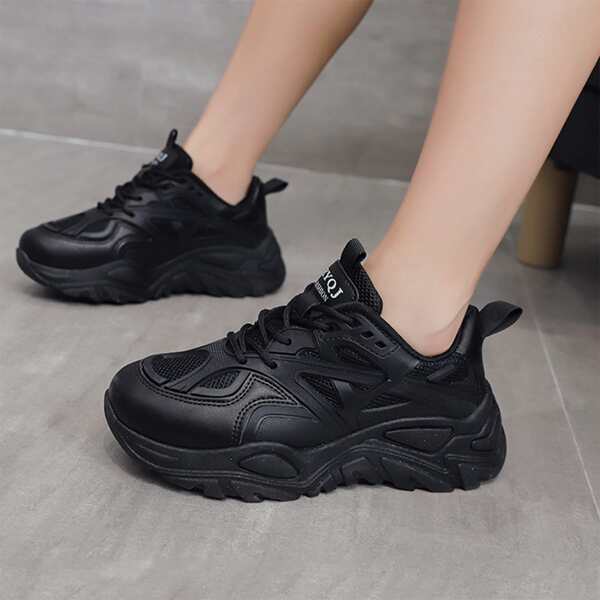 

Letter Graphic Lace-up Front Chunky Sneakers, Black