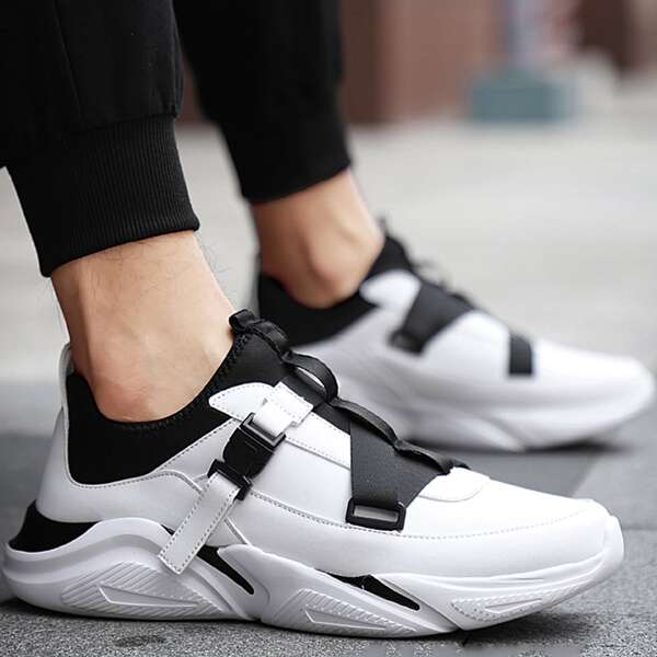 

Men Two Tone Buckle Decor Slip-On Sneakers, Black and white