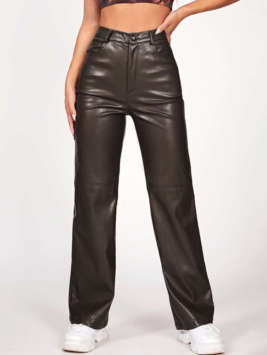 SHEIN PETITE Solid PU Leather Straight Leg Trousers - Coffee Brown - View 1