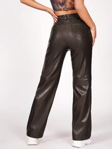 SHEIN PETITE Solid PU Leather Straight Leg Trousers - Coffee Brown - View 2