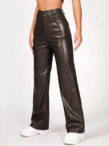 SHEIN PETITE Solid PU Leather Straight Leg Trousers - Coffee Brown - View 4