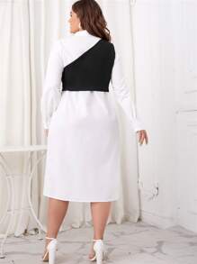 Modelyn Plus Solid Shirt Dress & One Shoulder Crop Top - Black and White - View 2