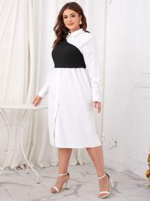 Modelyn Plus Solid Shirt Dress & One Shoulder Crop Top - Black and White - View 3