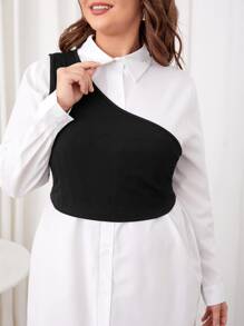 Modelyn Plus Solid Shirt Dress & One Shoulder Crop Top - Black and White - View 4