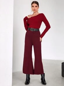 Mulvari Quần len nữ màu trơn Giải trí - Màu Đỏ Sâu - Xem 5