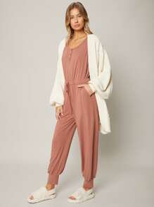 SHEIN Essnce Áo liền quần nữ Nút Dây kéo màu trơn Giải trí - Gỗ đỏ - Xem 5