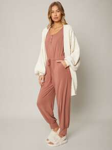 SHEIN Essnce Áo liền quần nữ Nút Dây kéo màu trơn Giải trí - Gỗ đỏ - Xem 6