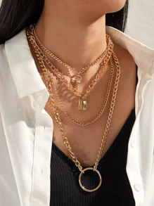 1pc Lock & Key & Ring Pendant Layered Chain Necklace - Yellow Gold - View 1