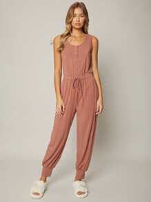 SHEIN Essnce Áo liền quần nữ Nút Dây kéo màu trơn Giải trí - Gỗ đỏ - Xem 8