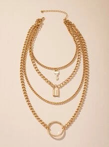 1pc Lock & Key & Ring Pendant Layered Chain Necklace - Yellow Gold - View 2