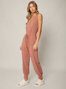 SHEIN Essnce Áo liền quần nữ Nút Dây kéo màu trơn Giải trí - Gỗ đỏ - Xem 9