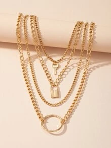 1pc Lock & Key & Ring Pendant Layered Chain Necklace - Yellow Gold - View 3