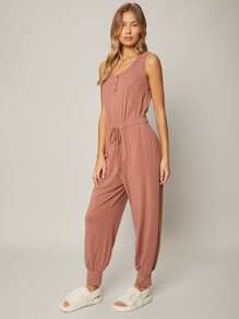 SHEIN Essnce Áo liền quần nữ Nút Dây kéo màu trơn Giải trí - Gỗ đỏ - Xem 10