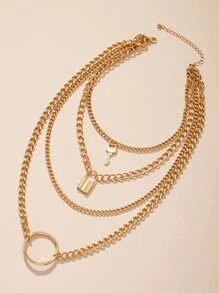 1pc Lock & Key & Ring Pendant Layered Chain Necklace - Yellow Gold - View 4