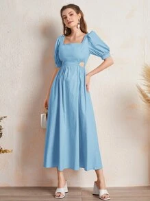 Mulvari Solid Shirred Back Puff Sleeve Dress - Blue - View 1