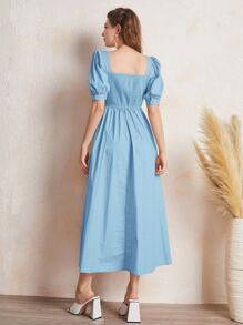 Mulvari Solid Shirred Back Puff Sleeve Dress - Blue - View 2
