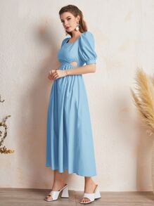 Mulvari Solid Shirred Back Puff Sleeve Dress - Blue - View 3