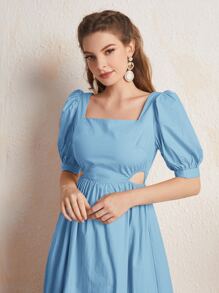 Mulvari Solid Shirred Back Puff Sleeve Dress - Blue - View 4