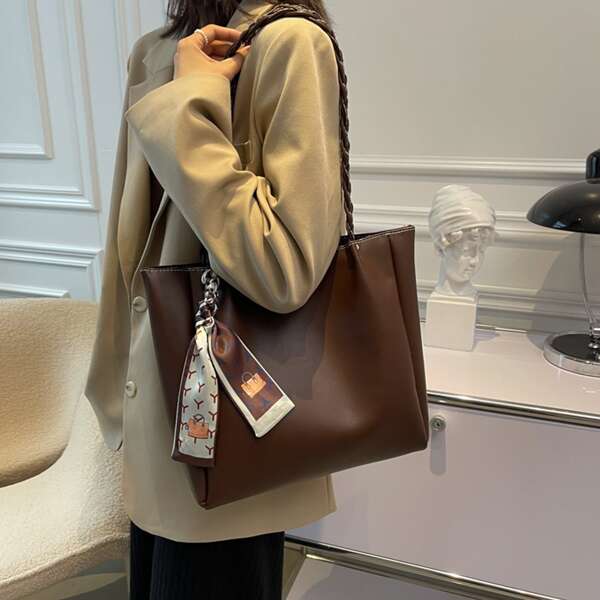 

Minimalist Scarf Decor Shoulder Tote Bag, Coffee brown