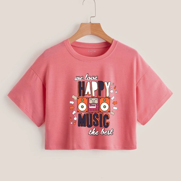 

Cartoon & Slogan Graphic Crop Tee, Watermelon pink