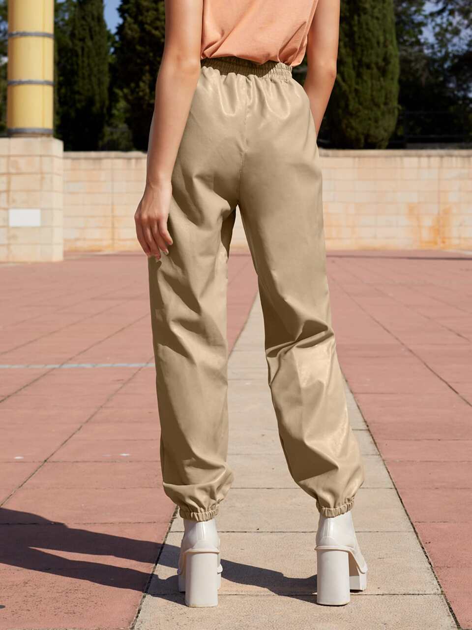 Drawstring Waist Slant Pockets PU Leather Joggers