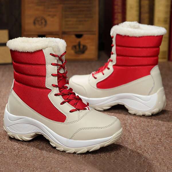 

Colorblock Lace-up Front Plush Inside Snow Boots, Multicolor