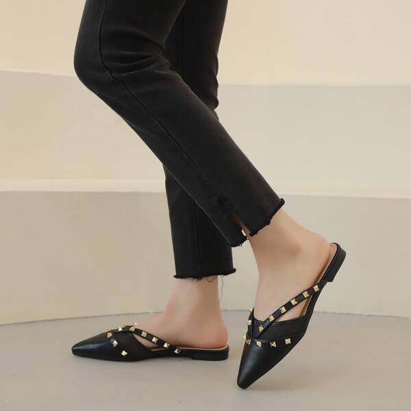 

Spiked Decor Mules, Black