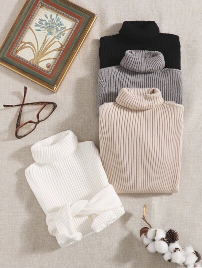 Chiquease 4pcs Turtle Neck Ribbed Knit Sweater,Long Sleeve Tops Knit Pullover Fall Winter Outfit