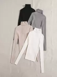 SHEIN Franclia 4pcs Turtle Neck Ribbed Knit Sweater,Long Sleeve Tops Knit Pullover Fall Winter - Multicolor - View 2