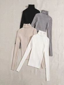 SHEIN Franclia 4pcs Turtle Neck Ribbed Knit Sweater,Long Sleeve Tops Knit Pullover Fall Winter - Multicolor - View 3