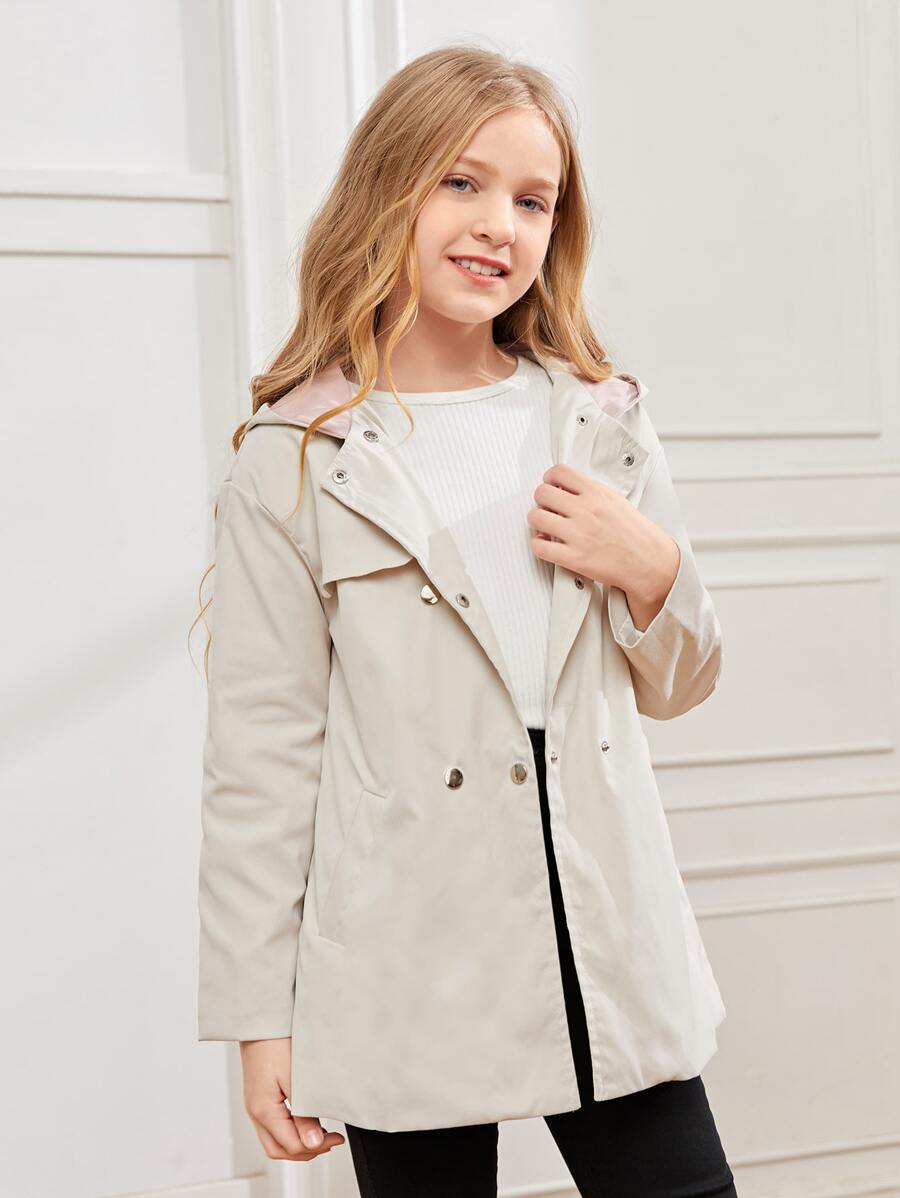 SHEIN Girls Colour Block Double Breasted Hooded Trench Coat - Apricot - View 1