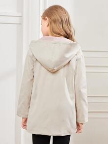 SHEIN Girls Colour Block Double Breasted Hooded Trench Coat - Apricot - View 2