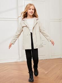 SHEIN Girls Colour Block Double Breasted Hooded Trench Coat - Apricot - View 3