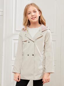 SHEIN Girls Colour Block Double Breasted Hooded Trench Coat - Apricot - View 4