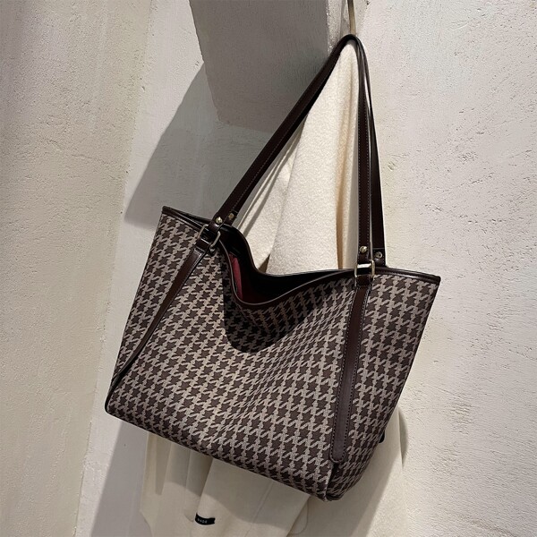 

Houndstooth Pattern Shoulder Tote Bag, Multicolor