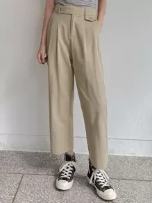 DAZY Fold Pleated Slant Pocket Pants - Khaki - View 1