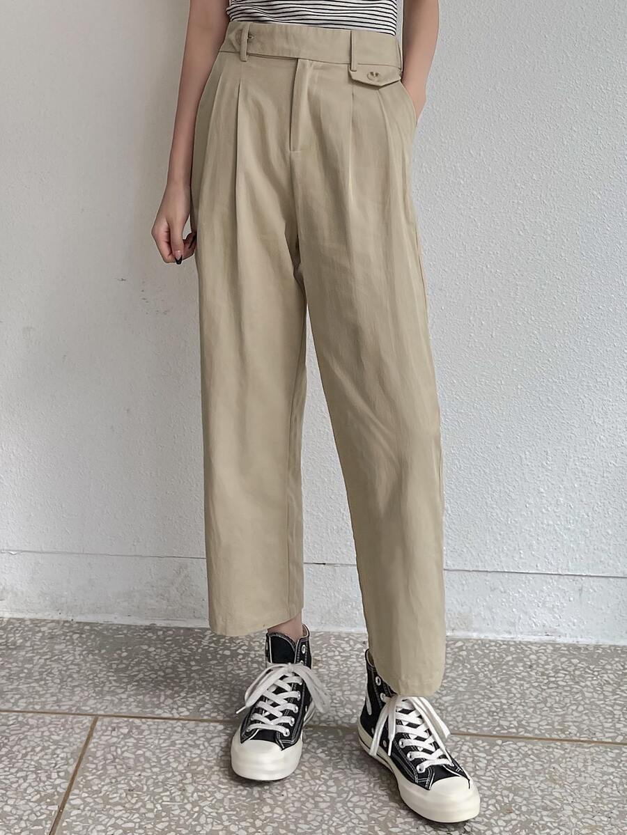 DAZY Fold Pleated Slant Pocket Pants - Khaki - View 1