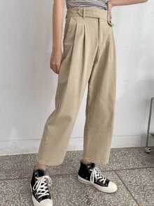 DAZY Fold Pleated Slant Pocket Pants - Khaki - View 5