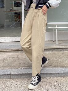 DAZY Fold Pleated Slant Pocket Pants - Khaki - View 7
