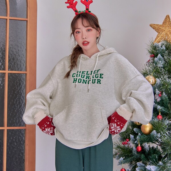 

Letter Graphic Drop Shoulder Drawstring Hoodie, Light grey