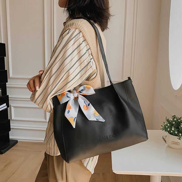 

Scarf Decor Shoulder Tote Bag, Black