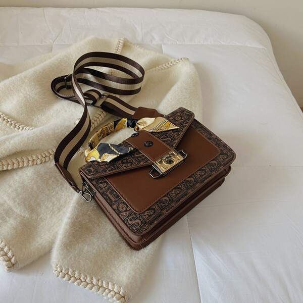 

Letter Graphic Scarf Decor Satchel Bag, Multicolor