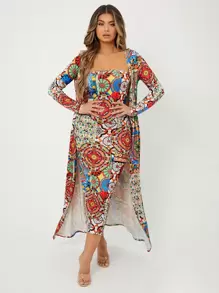 SHEIN VCAY Bộ đồ hai mảnh nữ Hoa Hình học Boho - Nhiều màu - Xem 1