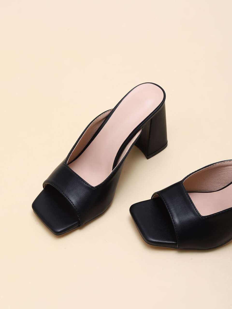 Women's Square Toe Slip-On High Heel Mules Sandals, Black Backless Fashion Outdoor Wear Minimalist Thick Heeled Slides, Spring/Summer,Chunky Heels