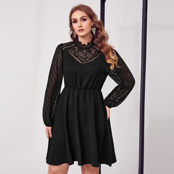 

Plus Guipure Lace Insert A-line Dress, Black