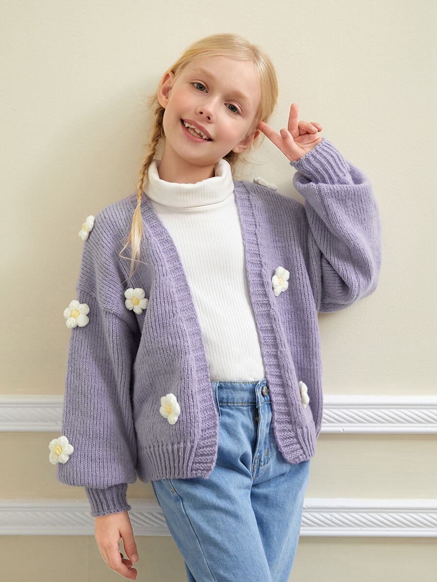 SHEIN Tween Girl Drop Shoulder Appliques Cardigan - Mauve Purple - View 1
