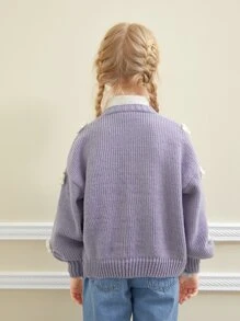 SHEIN Tween Girl Drop Shoulder Appliques Cardigan - Mauve Purple - View 2