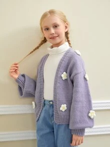 SHEIN Tween Girl Drop Shoulder Appliques Cardigan - Mauve Purple - View 3