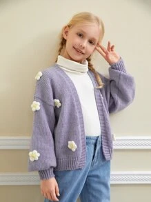 SHEIN Tween Girl Drop Shoulder Appliques Cardigan - Mauve Purple - View 4